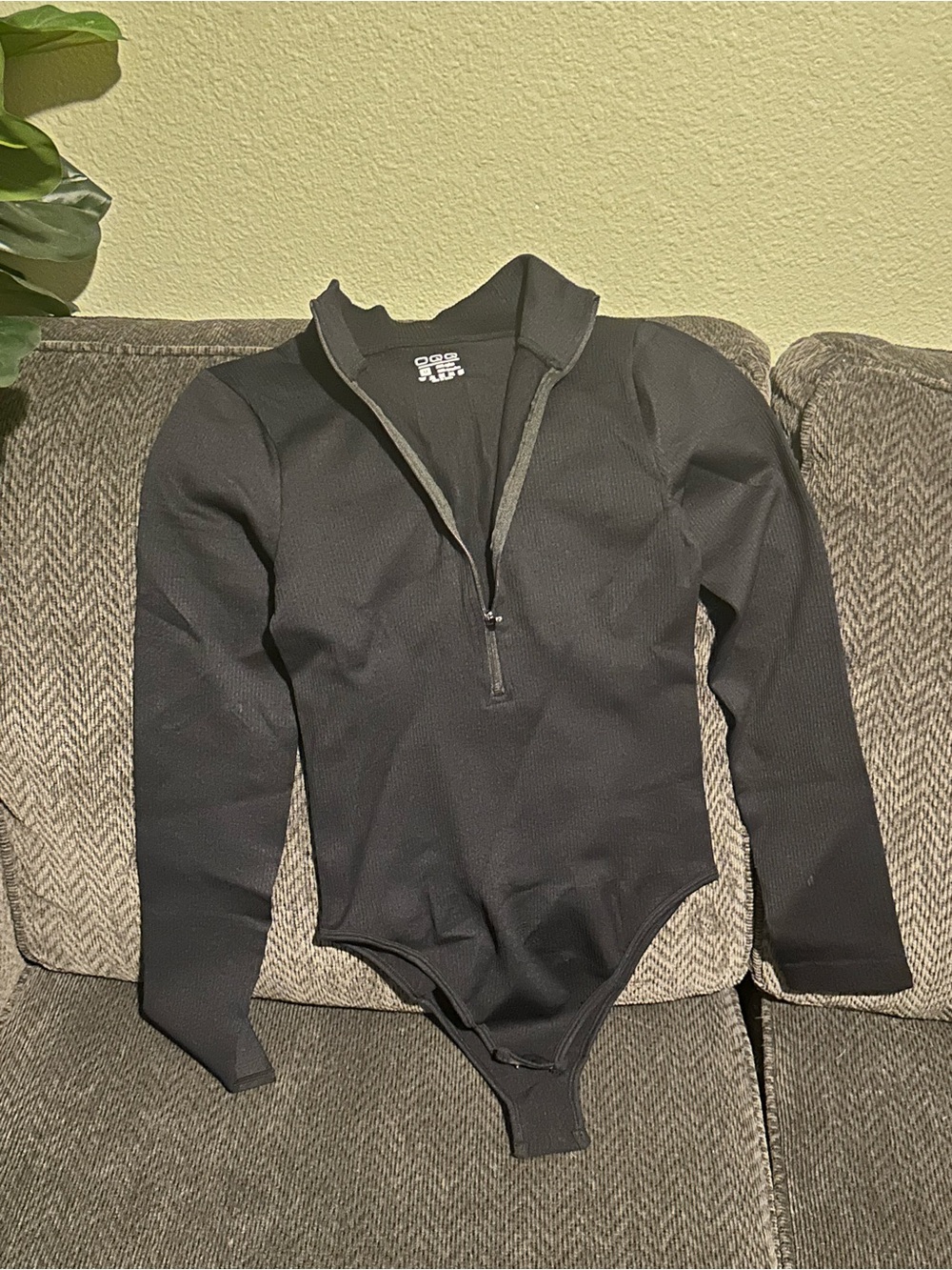 Women's Black Long-Sleeve Zip Front Bodysuit
